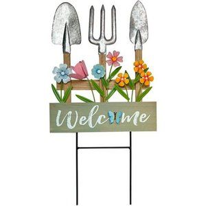 Garden Stake Decorative Welcome Sign 25"H Metal Tools Flowers Butterfly Decor